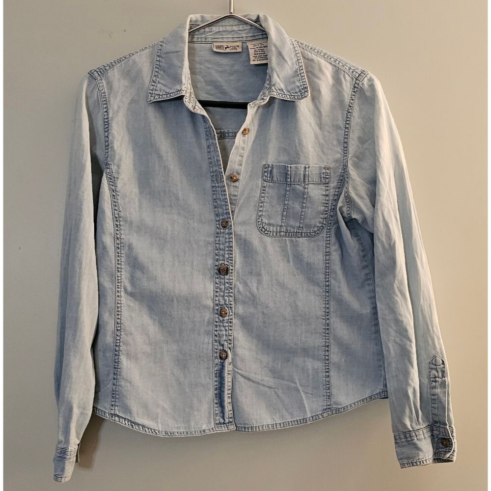 White Stag Women Blue Long Sleeve Button Denim Shirt light Wash Size M (8/10)